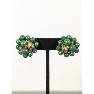 Vintage Japan Green Gold Tone Faux Pearl Cluster Bead Clip On Earrings MCM